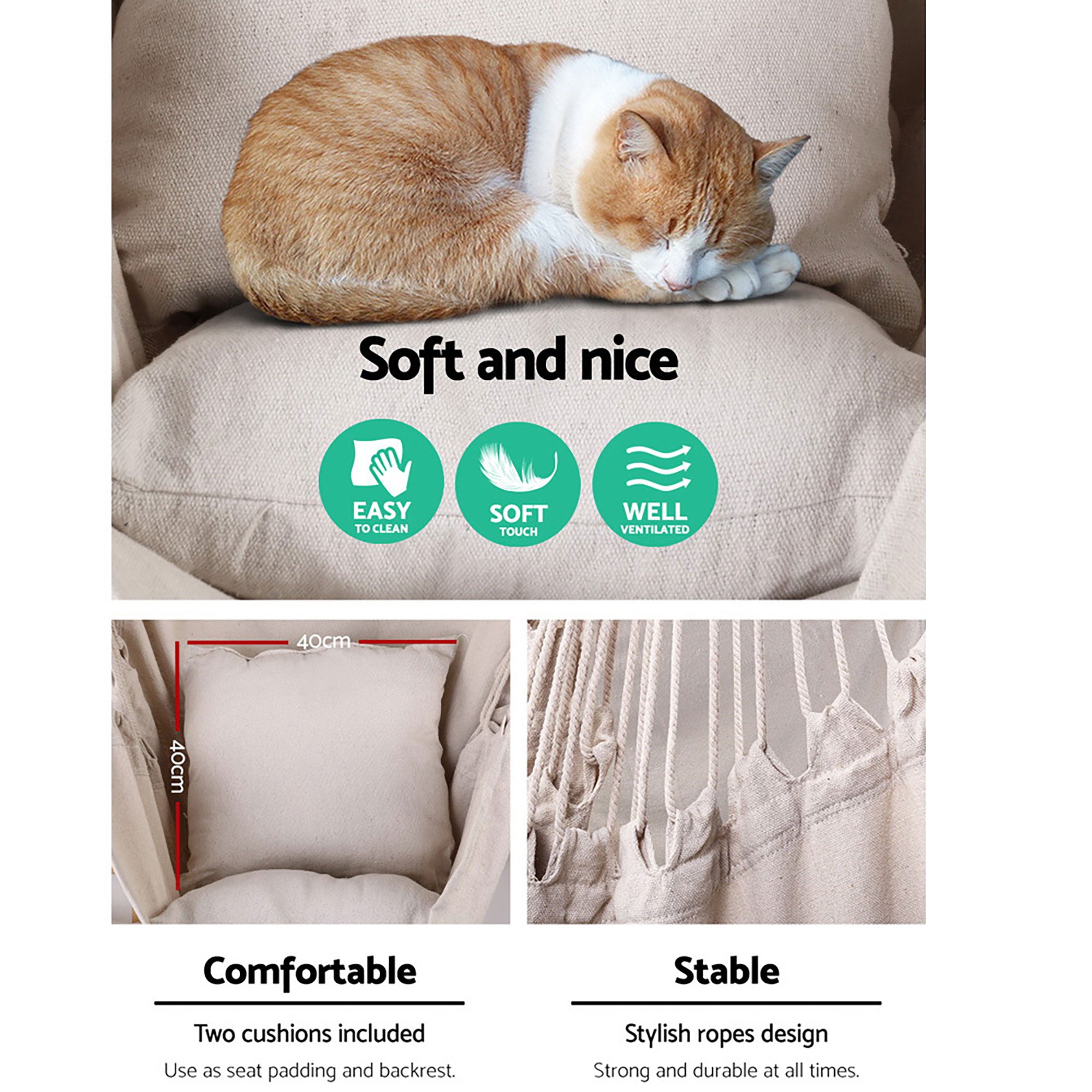 Hammock Chair Outdoor Camping Hanging Hammocks Cushion Pillow Cream By Gardeon