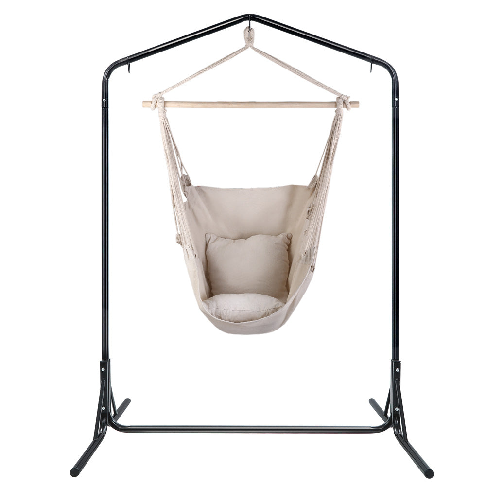 Outdoor Hammock Chair with Stand Hanging Hammock with Pillow Cream By Gardeon