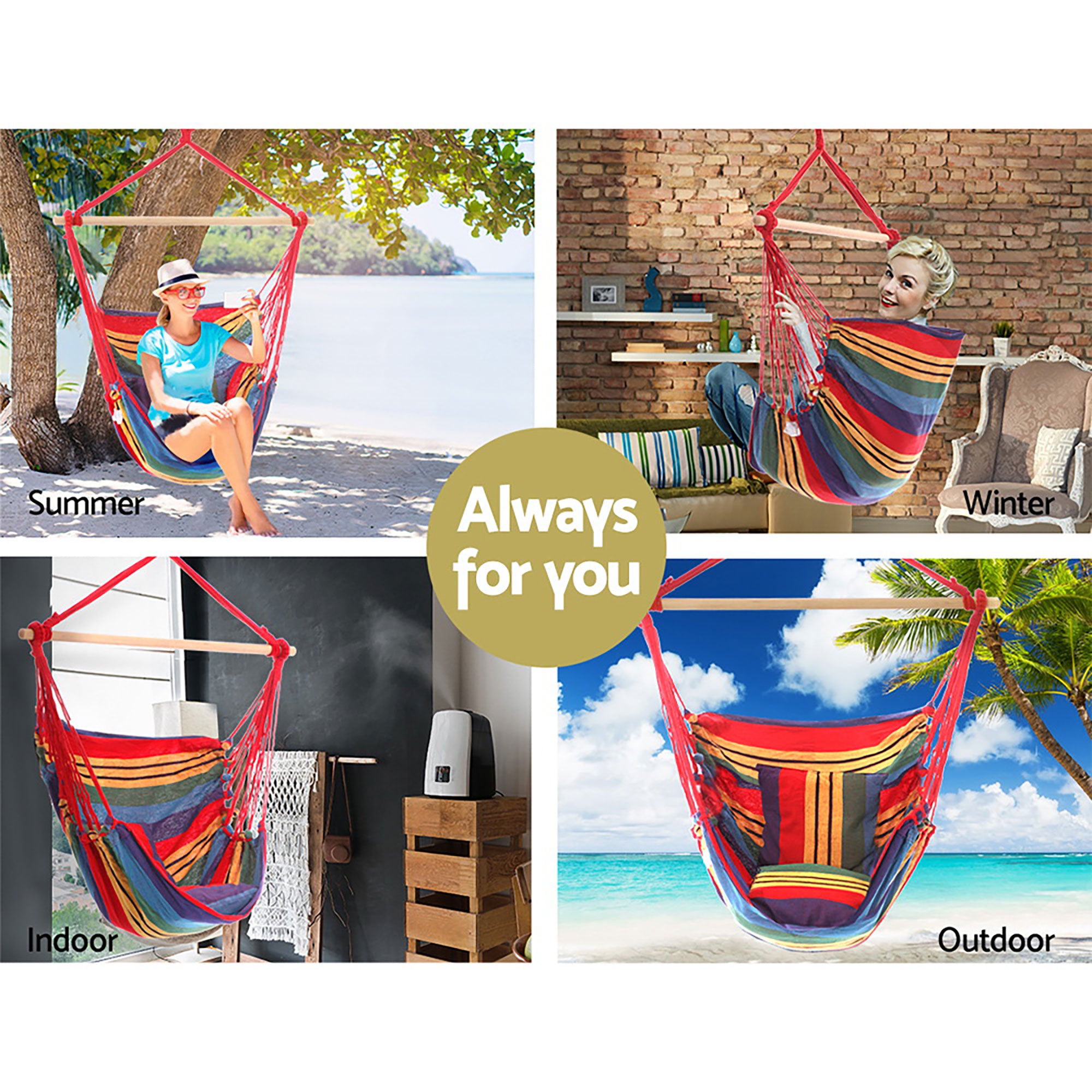 Hammock Chair Outdoor Camping Hanging Hammocks Cushion Pillow Rainbow By Gardeon