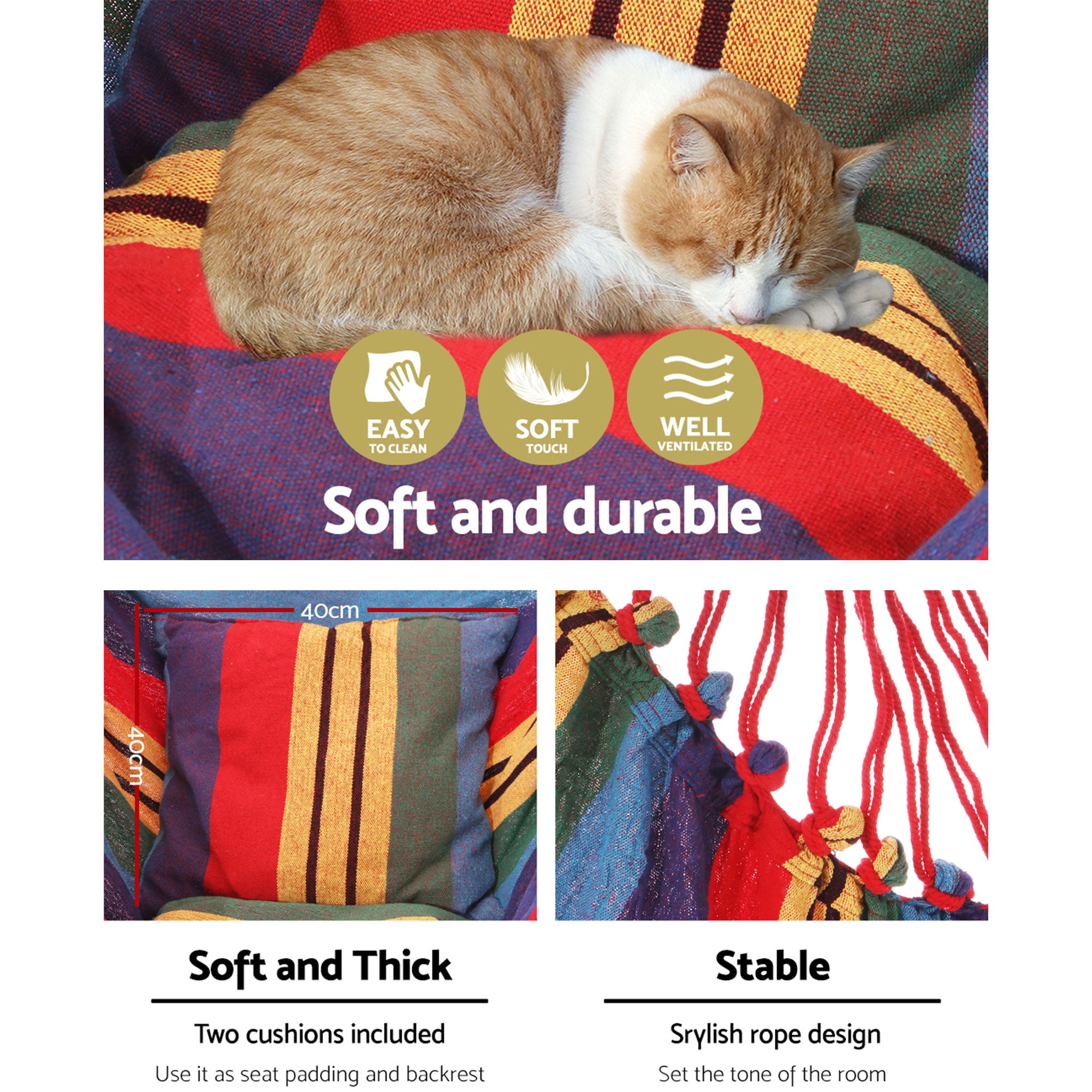 Hammock Chair Outdoor Camping Hanging Hammocks Cushion Pillow Rainbow By Gardeon