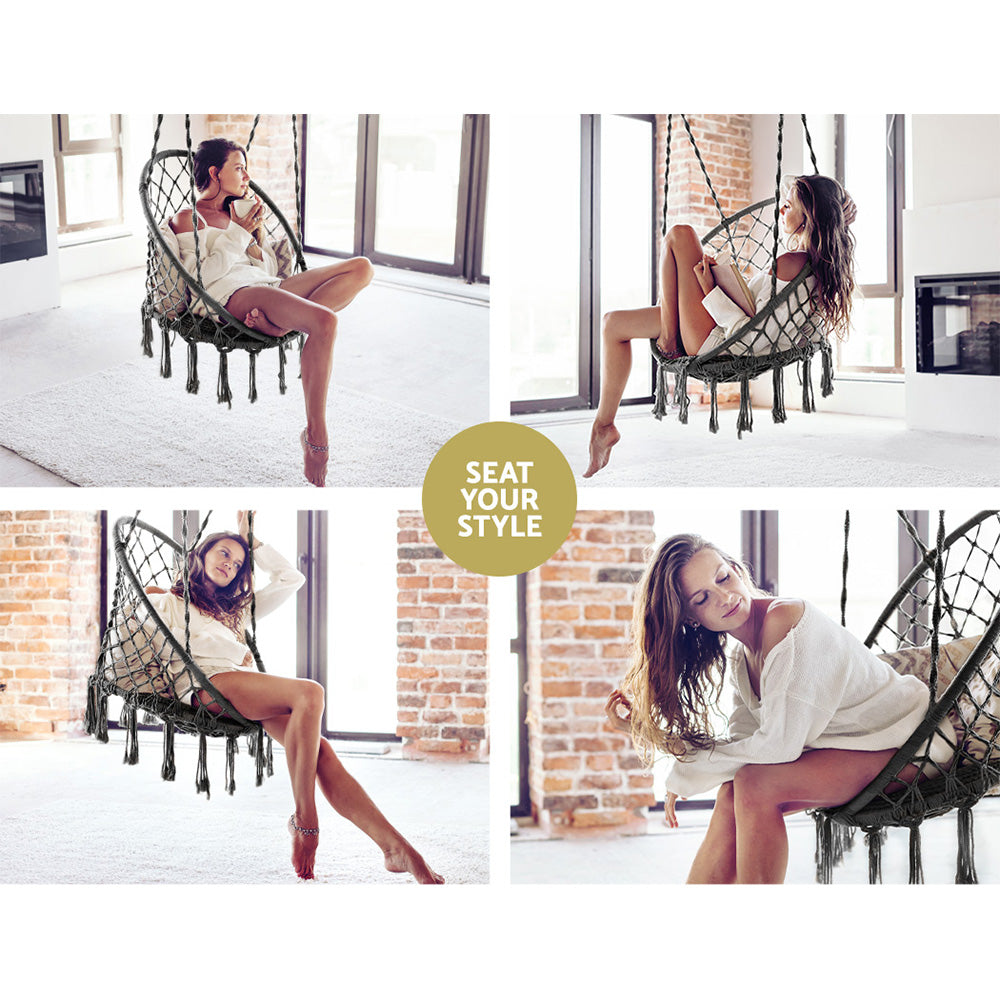 Hammock Chair Outdoor Hanging Macrame Cotton Indoor Grey By Gardeon