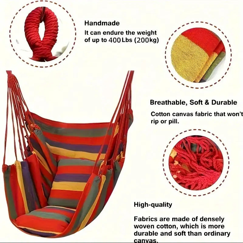 Colorful Striped Hammock Chair with Ropes and Storage Bag - Red Stripes